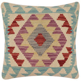 18x18 hand woven kilim throw pillow in blue, red and beige - Boho Chic Galvan