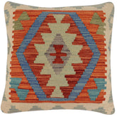 18x18 hand woven kilim throw pillow in rust, blue and beige - Boho Chic Ford