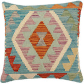 18x18 hand woven kilim throw pillow in blue, rust and gray - Bohemian Garcia