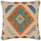 18x18 hand woven kilim throw pillow in beige, blue and rust - Boho Chic Young