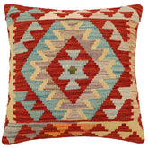 18x18 hand woven kilim throw pillow in rust, blue and gold - Bohemian Ortega
