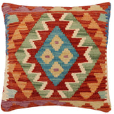 18x18 hand woven kilim throw pillow in rust, blue and beige - Boho Chic Alvarado