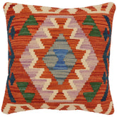 18x18 hand woven kilim throw pillow in rust, blue and beige - Bohemian Chung