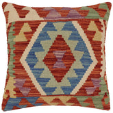 18x18 hand woven kilim throw pillow in rust, blue and beige - Boho Chic Mueller