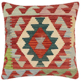 18x18 hand woven kilim throw pillow in red, blue and beige - Bohemian Bullock