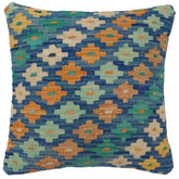 18x18 hand woven kilim throw pillow in blue, beige and gold - Bohemian Nicholso