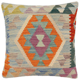 18x18 hand woven kilim throw pillow in blue, rust and beige - Boho Chic Courtney