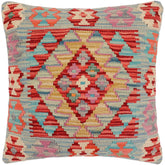 18x18 hand woven kilim throw pillow in red, blue and beige - Boho Chic Devin