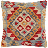18x18 hand woven kilim throw pillow in blue, red and beige - Boho Chic Brittany