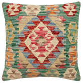 18x18 hand woven kilim throw pillow in green, beige and blue - Bohemian Shelby
