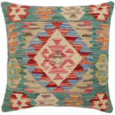 18x18 hand woven kilim throw pillow in green, beige and blue - Boho Chic Carrie
