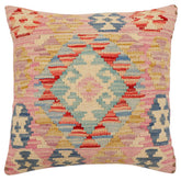 18x18 hand woven kilim throw pillow in blue, beige and pink - Boho Chic Catherin