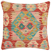18x18 hand woven kilim throw pillow in rust, blue and pink - Boho Chic Meredith