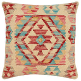 18x18 hand woven kilim throw pillow in beige, rust and blue - Boho Chic Sherry