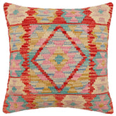 18x18 hand woven kilim throw pillow in rust, blue and beige - Bohemian Cory