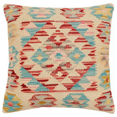 18x18 hand woven kilim throw pillow in beige, rust and blue - Boho Chic Susan