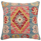18x18 hand woven kilim throw pillow in blue, gold and pink - Boho Chic Briana