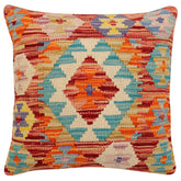 18x18 hand woven kilim throw pillow in rust, blue and beige - Bohemian Tonya