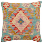 18x18 hand woven kilim throw pillow in blue, beige and rust - Boho Chic Sheryl