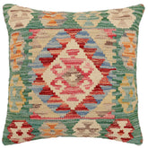18x18 hand woven kilim throw pillow in green, rust and beige - Bohemian Harold