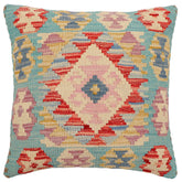 18x18 hand woven kilim throw pillow in blue, beige and red - Boho Chic Regina