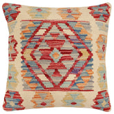 18x18 hand woven kilim throw pillow in beige, red and blue - Bohemian Jamie