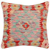 18x18 hand woven kilim throw pillow in red, blue and beige - Boho Chic Maurice