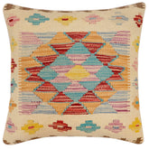 18x18 hand woven kilim throw pillow in beige, red and blue - Bohemian Angela