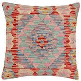 18x18 hand woven kilim throw pillow in red, blue and beige - Boho Chic Lacey