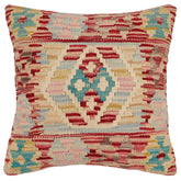 18x18 hand woven kilim throw pillow in red, beige and blue - Boho Chic Miss