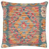 18x18 hand woven kilim throw pillow in blue, red and rust - Bohemian Katelyn