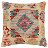18x18 hand woven kilim throw pillow in beige, red and blue - Boho Chic Tanya