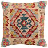 18x18 hand woven kilim throw pillow in beige, red and blue - Bohemian Derrick