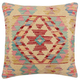 18x18 hand woven kilim throw pillow in beige, red and blue - Boho Chic Ariana