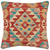 18x18 hand woven kilim throw pillow in red, blue and beige - Boho Chic Karina