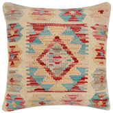 18x18 hand woven kilim throw pillow in beige, red and blue - Bohemian Shelley