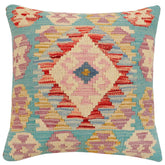 18x18 hand woven kilim throw pillow in blue, rust and beige - Boho Chic Brandi