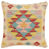 18x18 hand woven kilim throw pillow in beige, rust and blue - Bohemian Theodore