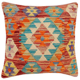 18x18 hand woven kilim throw pillow in red, blue and rust - Boho Chic Erika