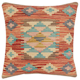 18x18 hand woven kilim throw pillow in rust, blue and beige - Bohemian Gomez