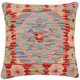 18x18 hand woven kilim throw pillow in rust, blue and beige - Bohemian Drake