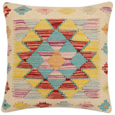 18x18 hand woven kilim throw pillow in beige, rust and blue - Boho Chic Green