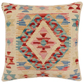 18x18 hand woven kilim throw pillow in rust, blue and beige - Bohemian Evers