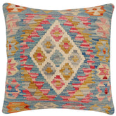 18x18 hand woven kilim throw pillow in blue, beige and gray - Bohemian Calvert