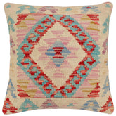 18x18 hand woven kilim throw pillow in beige, red and blue - Boho Chic Capps
