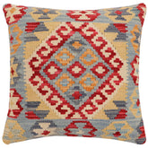 18x18 hand woven kilim throw pillow in blue, red and beige - Bohemian Carder