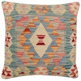 18x18 hand woven kilim throw pillow in green, blue and beige - Bohemian Carlson