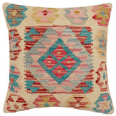 18x18 hand woven kilim throw pillow in beige, red and blue - Boho Chic Carmicha