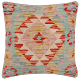 18x18 hand woven kilim throw pillow in blue, rust and beige - Bohemian Caro
