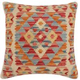 18x18 hand woven kilim throw pillow in beige, rust and blue - Boho Chic Carranza
